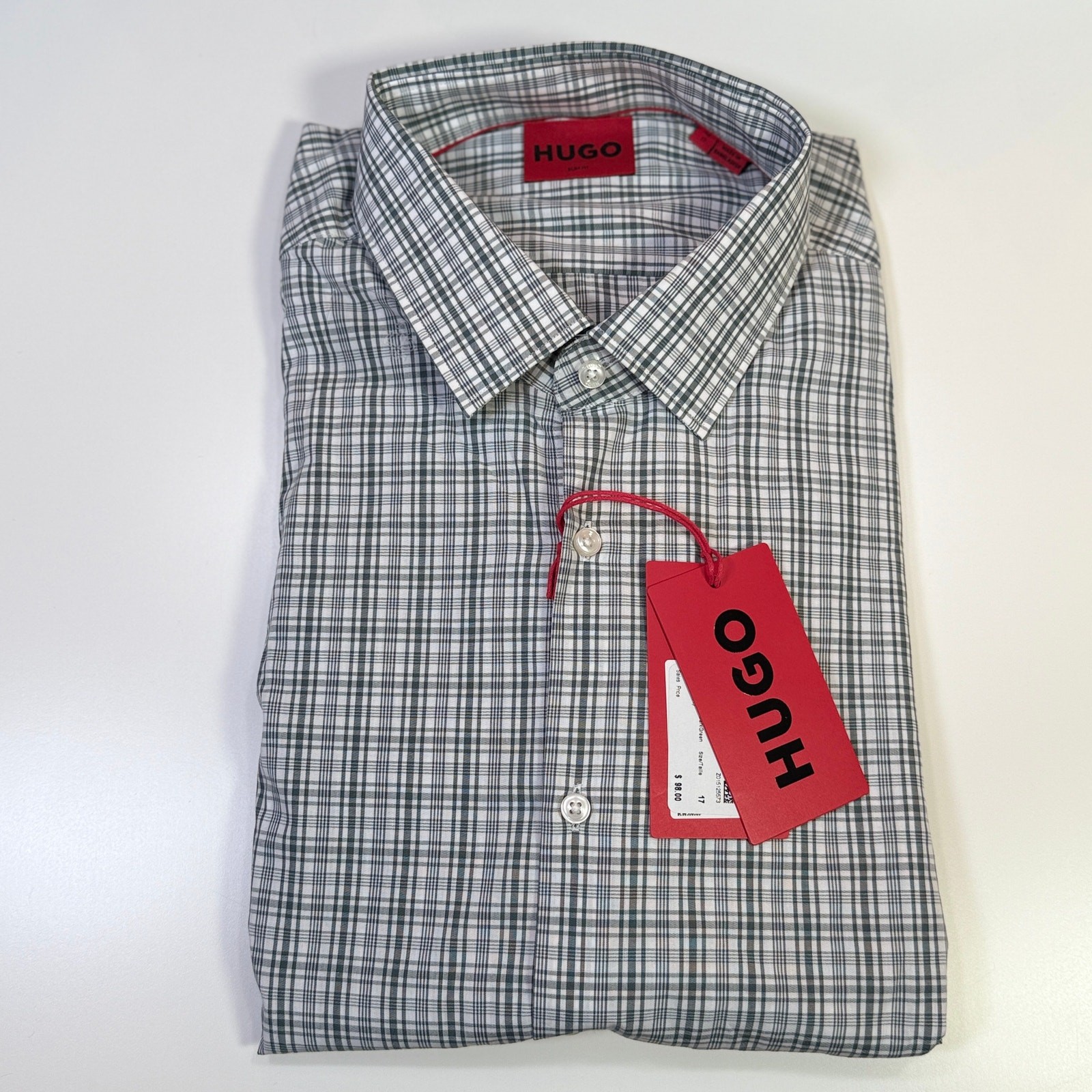 Hugo by Hugo Boss Men's Kenno Slim check Dress Shirt green 17in neck $98