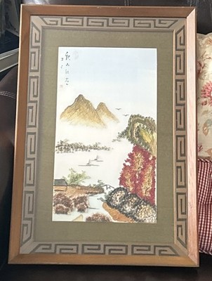 Vintage 3D Shadow Box Framed Seashell Art Chinese Mountain Landscape On Silk 19 