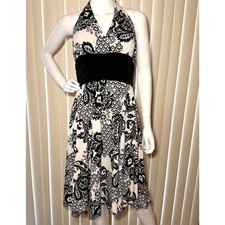 Madison Leigh Halter Dress Medium Black White Damask Ruched Fit Flare Y2K