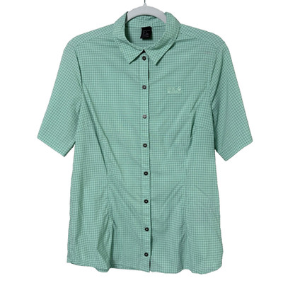 Jack Wolfskin Button Front Shirt Womens M Green Plaid Short Roll Tab Sleeves