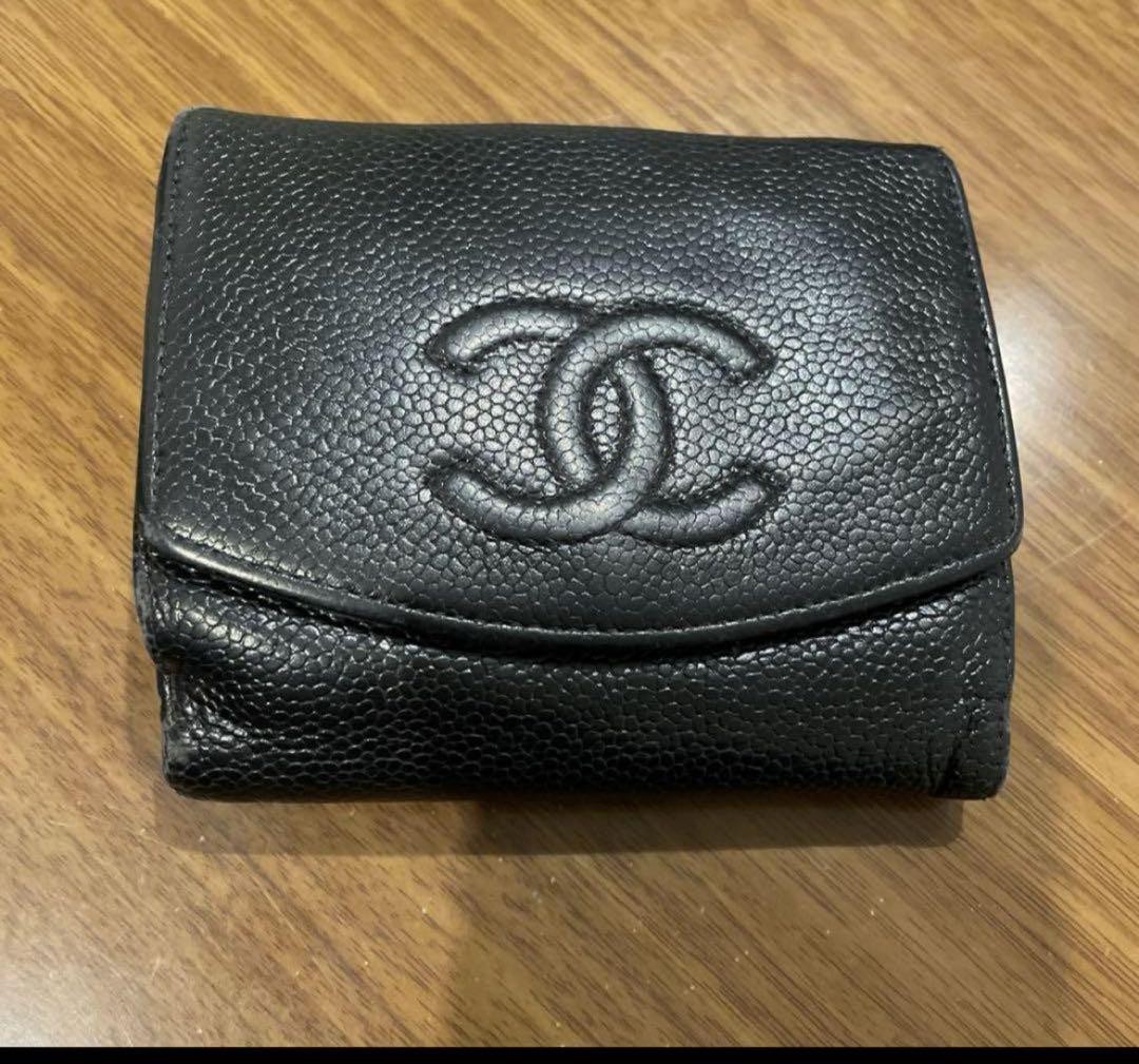 CHANEL Black Leather Bi-Fold Wallet with Gold Hardware