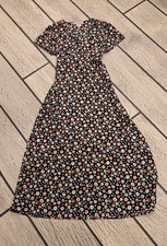 Vintage Floral Short-Sleeve Maxi V Neck Dress  With Flowers Tie Back Cottagecore