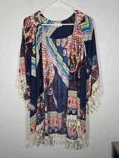 Umgee Paisley Kimono Hippie Chic Duster Open Front Lace Crochet Trim Boho S/M