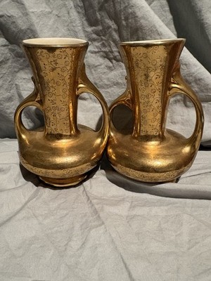 Pearl China 22K Gold Decorative Double-Handled Ceramic Vases - Pair