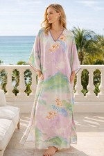 Natori Floral Caftan Lounger Nightgown Pink Green Silky Satin House Dress Pocket