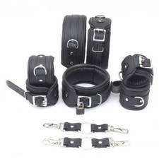 9 Piece Real Leather Black BDSM Cuffs Set - Wrist Ankle Thigh Collar Restrains