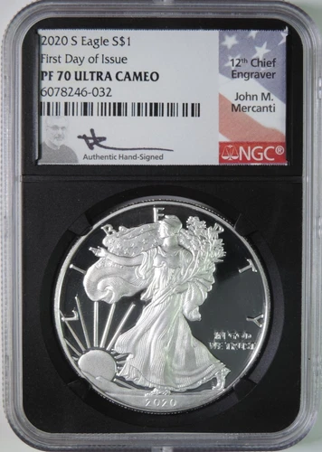 2020 S Proof American Silver Eagle John Mercanti First Day NGC PF70 Ultra Cameo