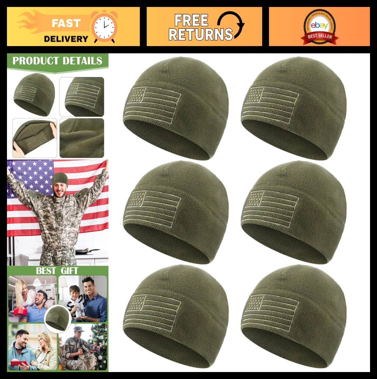 6 Pcs Fleece Beanie Hats - Winter American Flag Tactical Skull Caps for Men