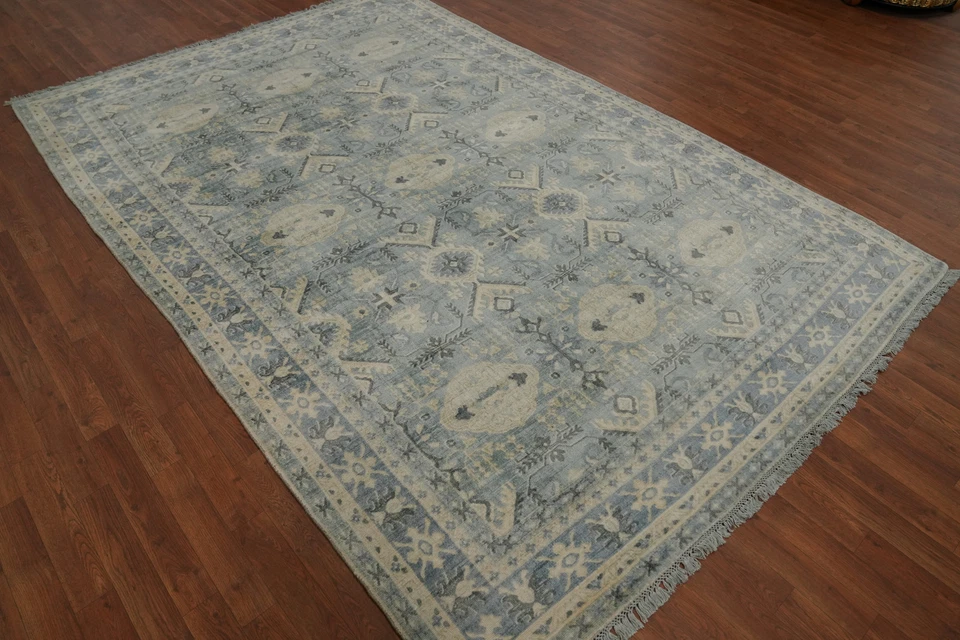 Geometric Handmade Transitional Oushak Area Rug 7x10 Ft Light Blue Silk Carpet - Image 4 of 4