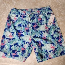 Boys Resort Swim Trunks Sz Large 10/12 Blue Pink Flamingos Vacation Pool New