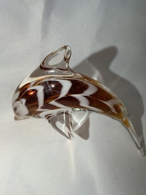 Amber Gold White Dolphin Figurine Hand Blown Art Glass Gift Decor No Chips/Crack