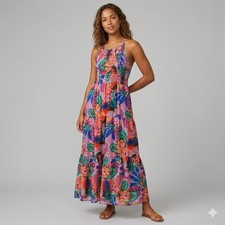 THML Anthro Smocked Back Tiered Floral Printed Colorful Maxi Dress Tassel Size S