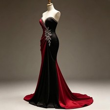 Retro Off Shoulder Black and Red Mermaid Ball Dress Pleated Satin Evening Gown