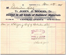 1908 John J. Wood Builder's Materials Billhead Lawrence NY
