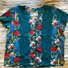 VintageParadise Found Shirt Womens Medium Red Flowers Blue Macaw Hawaiian 80s