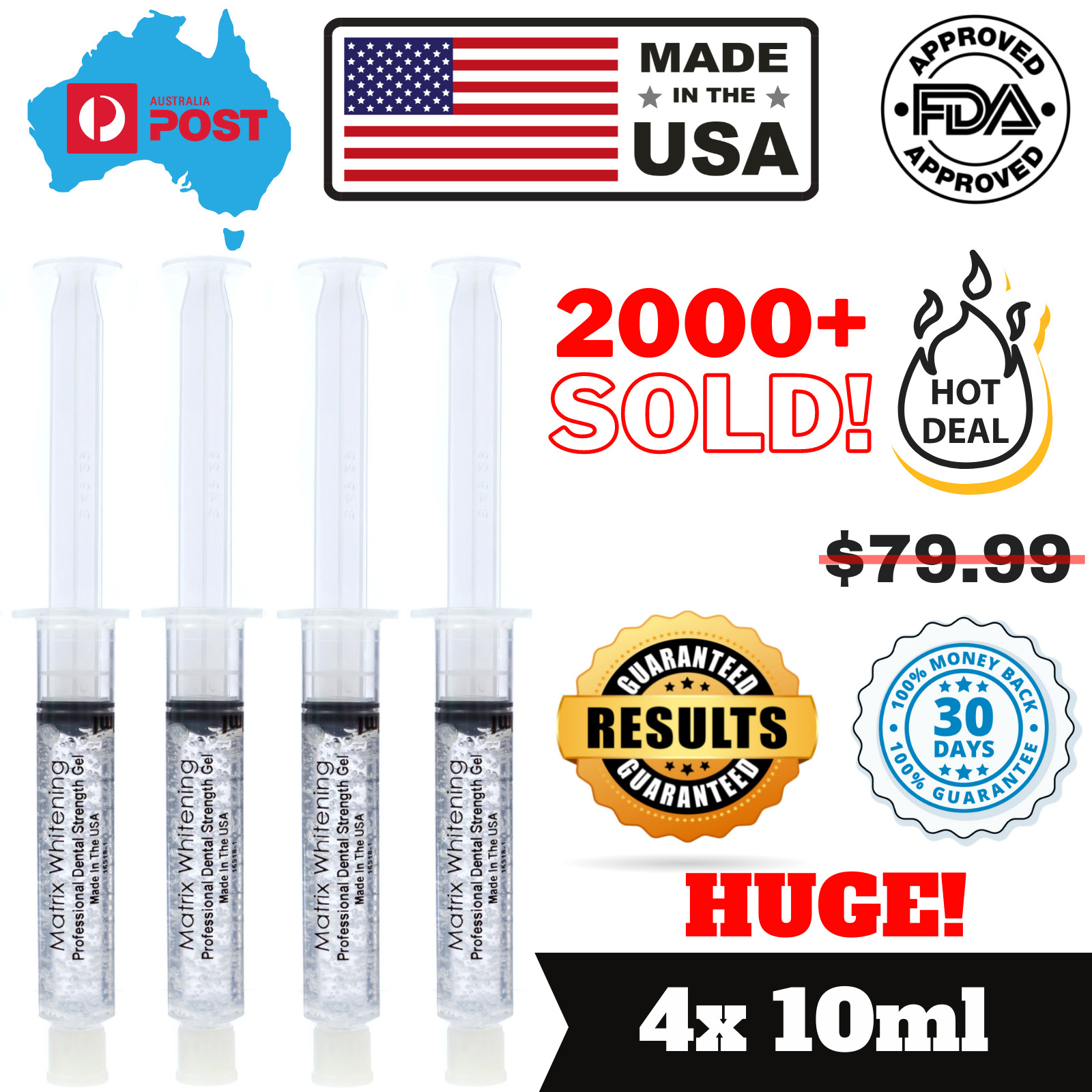 Matrix Whitening Teeth Bleaching Gel Syringes 4x10ML 18%CP - Made In The USA 