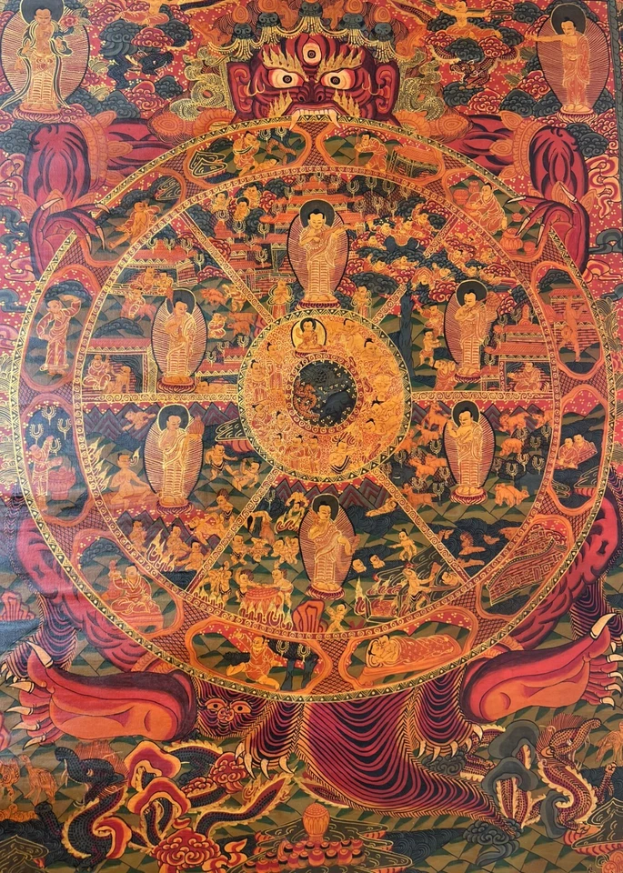 BUDDHA LIFE BHAVACHAKRA MANDALA BARNIZADO AL ÓLEO PINTURA THANGKA TIBETANA ANTIGUA Foto 3 de 4