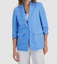 Anne Klein Women's Blue Linen Single-Button Ruched-Sleeve Jacket Blazer Sz 2XS