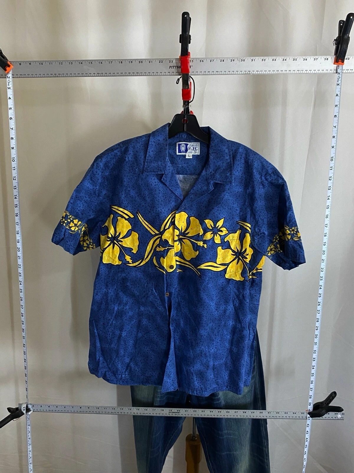 RJC Blue Gold Floral Hawaiian BUTTON UP SHIRT Large L