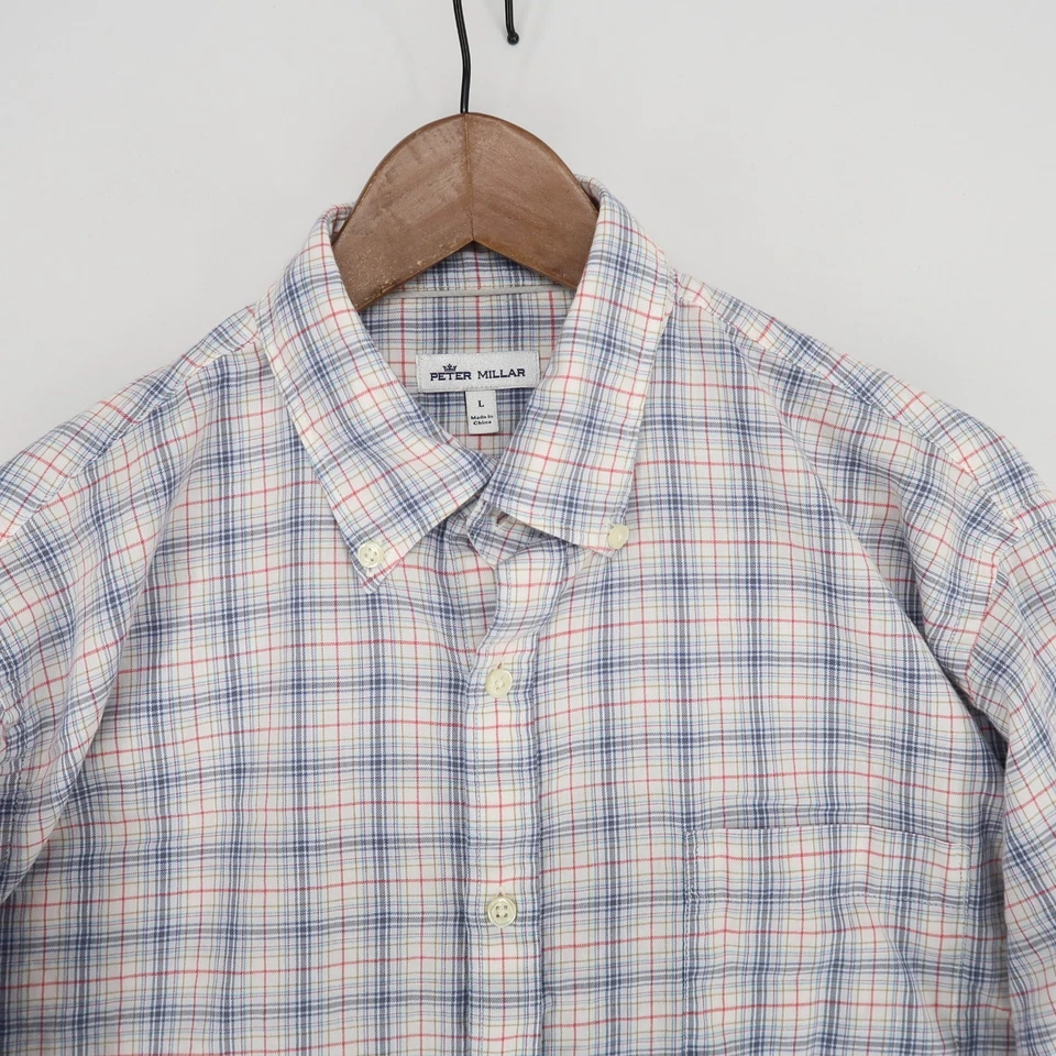 Camisa masculina Peter Millar com botões L rosa azul xadrez algodão manga longa casual - Imagem 3 de 4