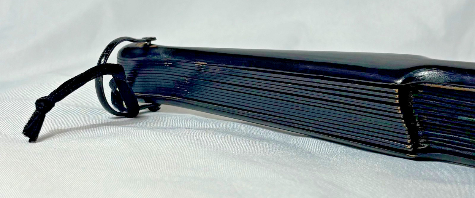 Victorian Mourning Fan Folding Black Satin Painted Flowers & Foliage Black Wood