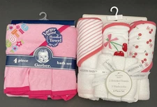 2 Sets-Modern Baby 6PC & Gerber 4PC-Hooded Towels & Washcloths-Pink Cherries Red
