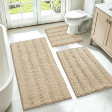 Striped Beige Bathroom Rug Set 3 Pieces Ultra Soft, Non Slip Chenille Toilet Mat