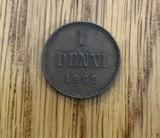 Vintage 1909 Finland 1 Penni, Obsolete Czar Nicholas II Copper Coin
