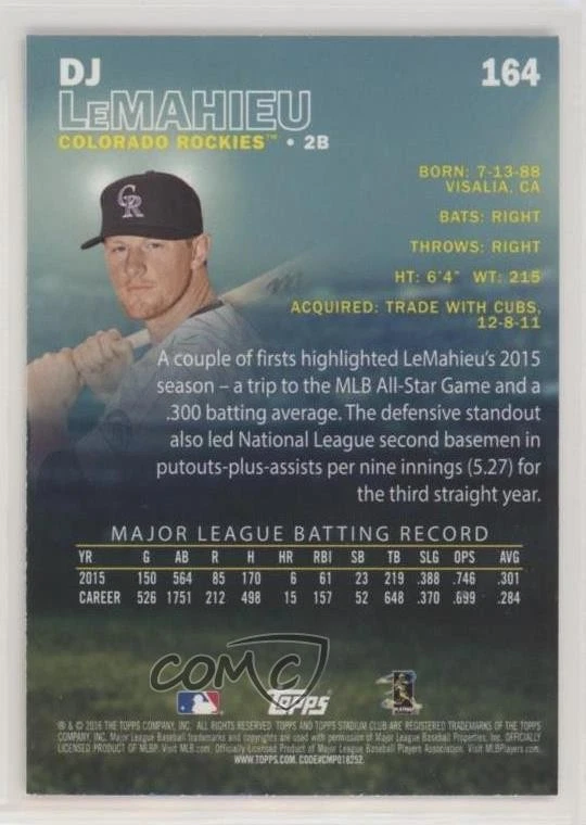 2016 Topps Stadium Club DJ LeMahieu #164 - Image 2 of 2