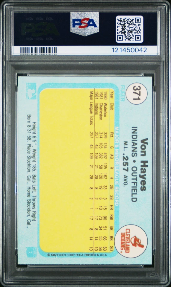1982 Fleer #371 Von Hayes PSA 10 - Image 2 of 2
