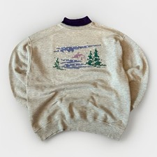 Vintage JERZEES XL Gray Fleece Mock Neck Winter Scene Graphic Sweatshirt