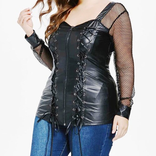 Women Plus Size Sexy Black Faux Leather Blouse Lingerie Top Dominatrix
