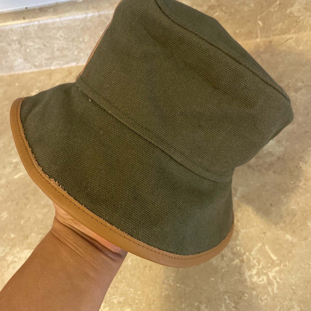 Rag & Bone Ellis Bucket Hat Brown Leather & Green Cotton 