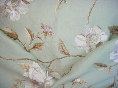 2-3/8Y Brunschwig & Fils BF10012 Longford Aqua Embroidered Floral Linen Fabric