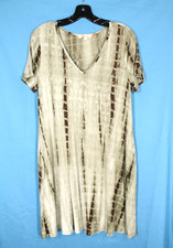 ARYEH Soft Stretch Knit GREEN/BROWN TIE DYE V-Neck POCKETS Swing T-SHIRT DRESS S