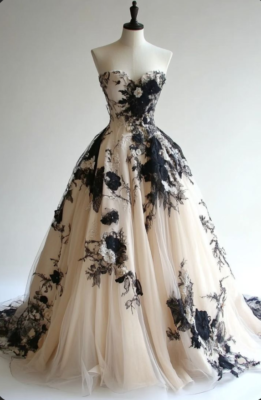 Light Champagne Wedding Dresses Sweetheart with Black Lace Appliques Bridal  Gown | eBay