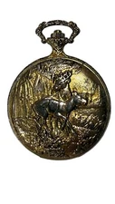 Vintage Gold tone Colibri Hunting Themed Pocket Watch Stag Dog Item Untested