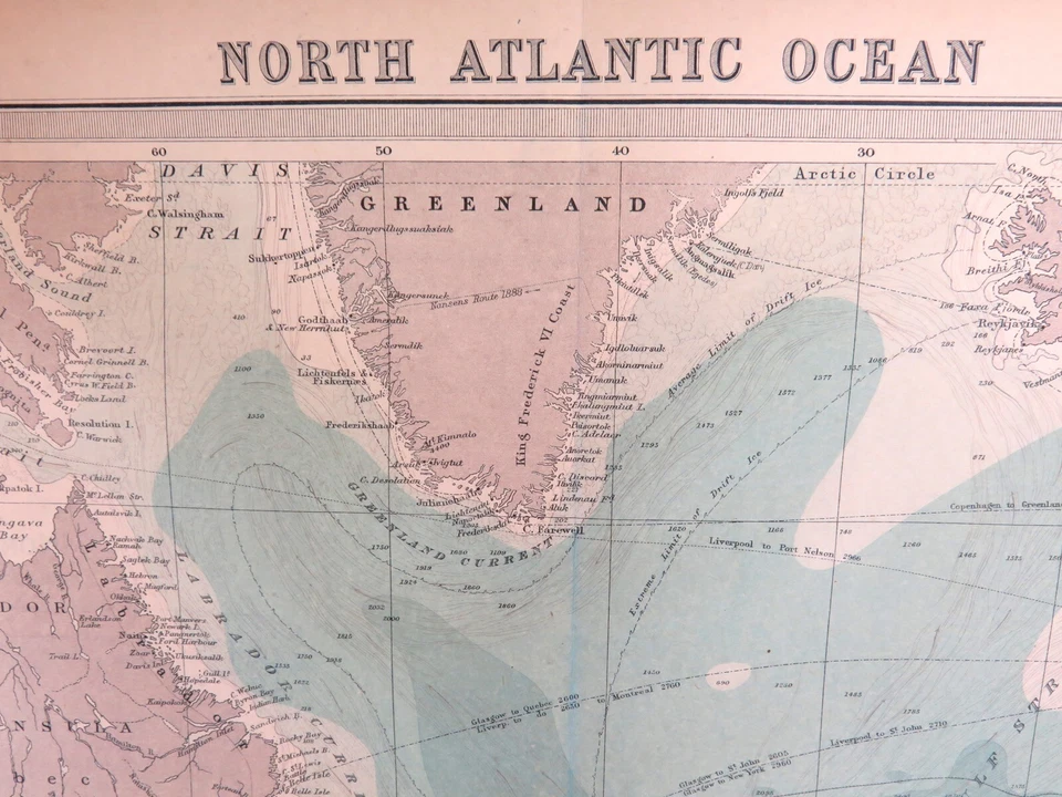 .1922 SCARCE LARGE MAP of THE NORTH ATLANTIC OCEAN + SHIPPING ROUTES. VERY NICE! - Image 2 of 4