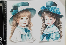 Lot of 2 Victorian Long Haired Girls Blue Hats SINGLE LAYER Embellishments 406