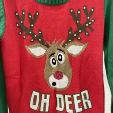 Girls Green Reindeer Oh Deer Ugly Christmas Sweater Holiday Knit Sweater L
