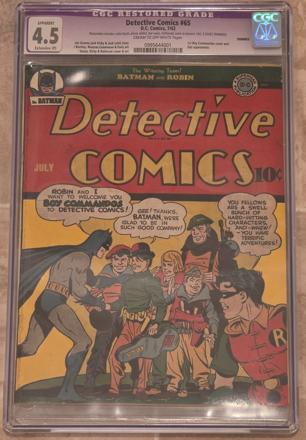 1942 D.C. Comics Detective Comics 65 CGC 4.5. Early Batman. 1st Boy Commandos