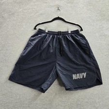 UNICOR Men Activewear Shorts LARGE Blue US NAVY Logo 8" Inseam Military