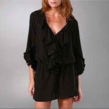 Rebecca Taylor Black 100% Silk Ruffle V-Neck Tie Waist Dress Tunic Size 6 Luxury