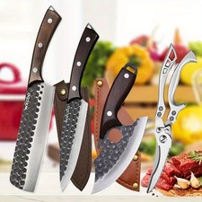 4 Pcs Stainless Steel Chef Knife Set Hand Forged Ultra Sharp Meat Fruit Scissors