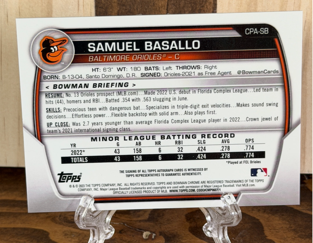 2023 Bowman Chrome Samuel Basallo 1st Auto RC ROOKIE #CPA-SB Orioles view 2
