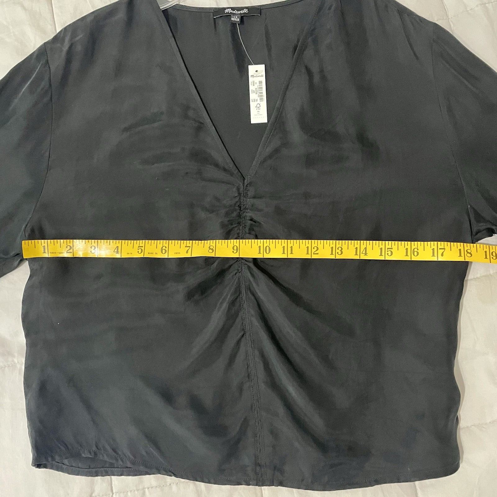Madewell Blouse Women Size 10 Black Brushed Ruched Front Top Long Sleeve NWT