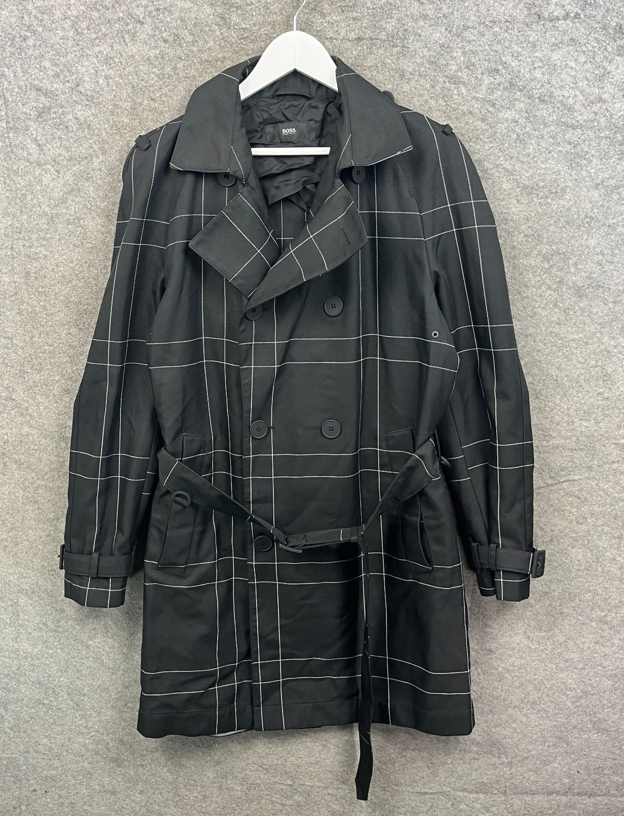 Hugo Boss Jacket Mens 40 Black Dan3 Trench Coat Long Souble Breasted Check Belt