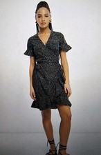 Vero Moda Polka Dot Wrap Frill Mini Dress Womens M Black White V-Neck NWT