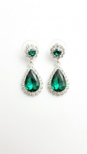 Elegant Emerald Green Crystal Teardrop Dangle Earrings Silver Tone