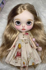 OOAK Custom Blythe Doll Blonde Hair Carved Lips Soft Pink Blush w/ Vintage Dress